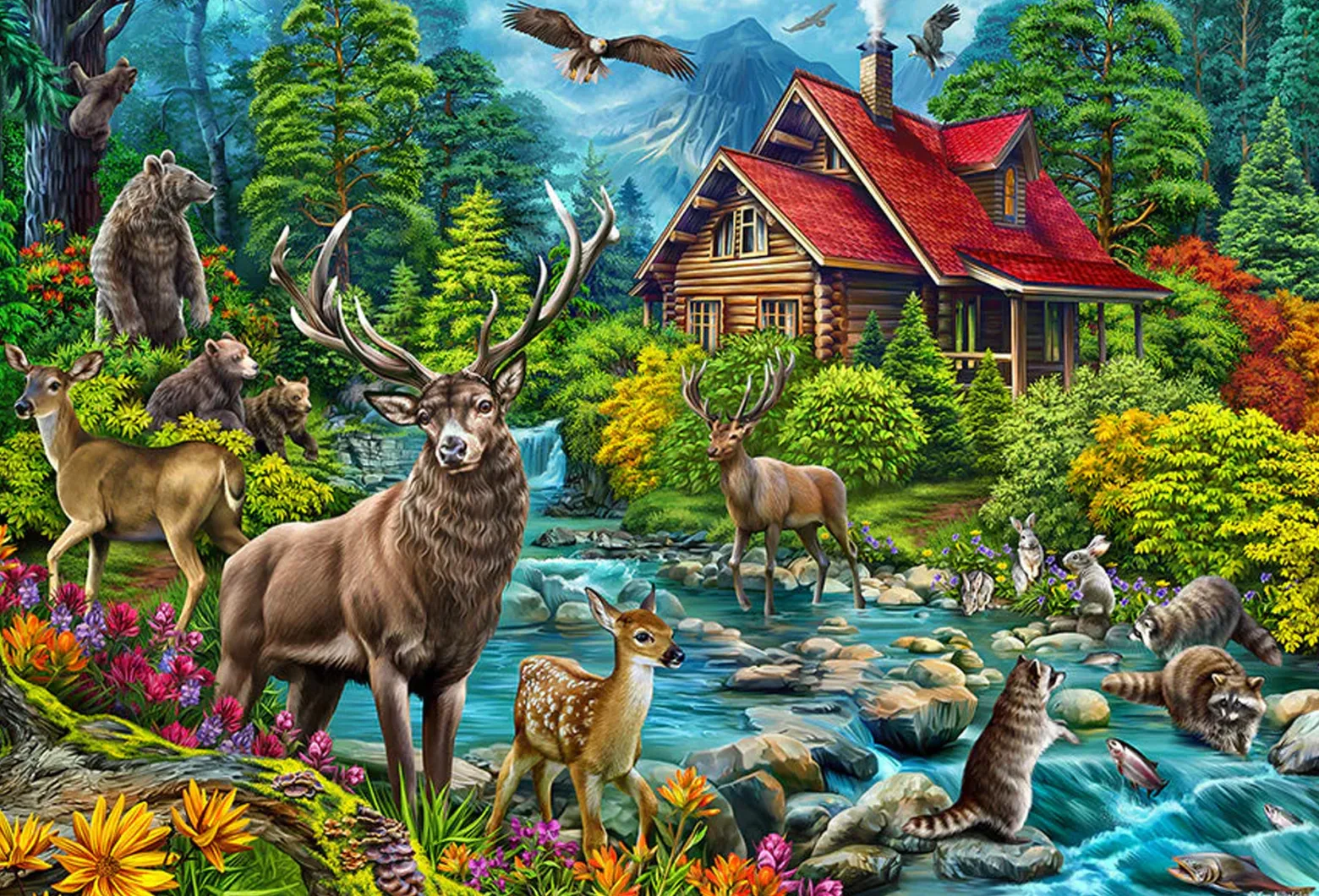Puzzle 2000 el. Leśna chatka z czerwonym dachem