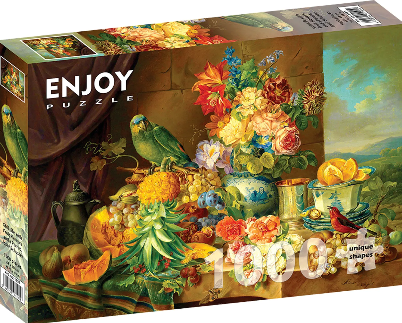 Puzzle 1000 el. Martwa natura z owocami, kwiatami i papugą, Josef Schuster