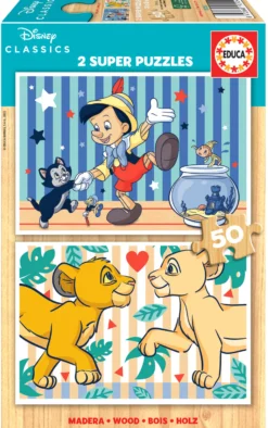 Puzzle 2 x 50 el. Pinokio / Król Lew (drewniane)