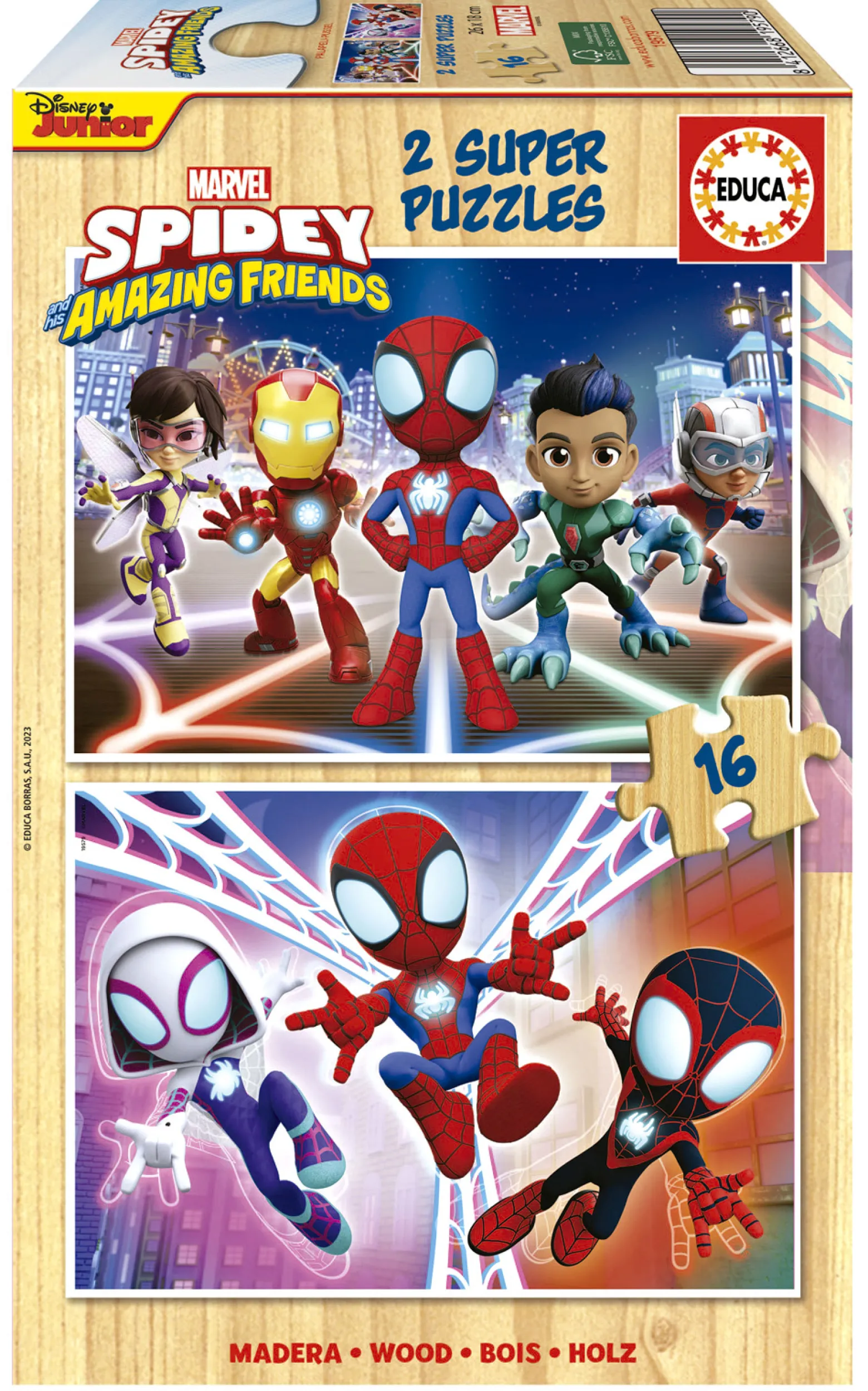 Puzzle 2 x 16 el. Spidey i Super-Kumple (drewniane)